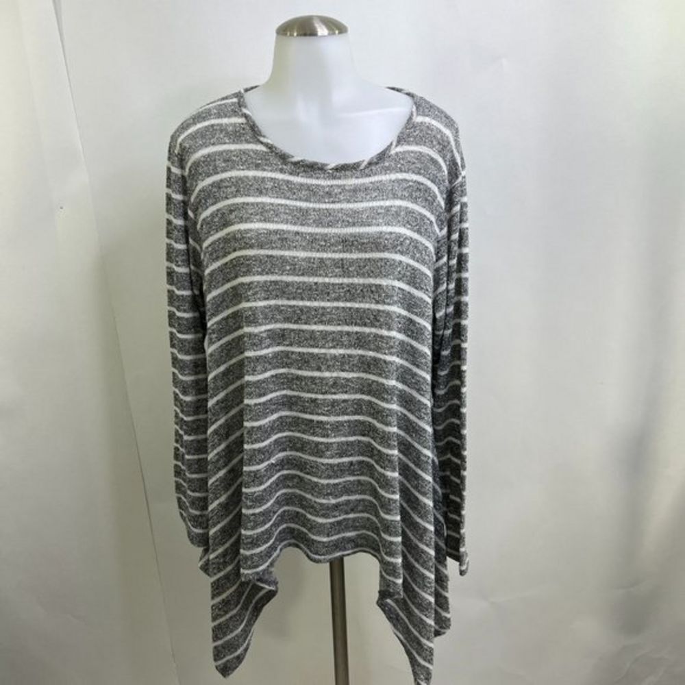 Cha Cha‎ Vente 1X Sweater Metallic Sparkle Gray White Stripe Handkerchief Hem